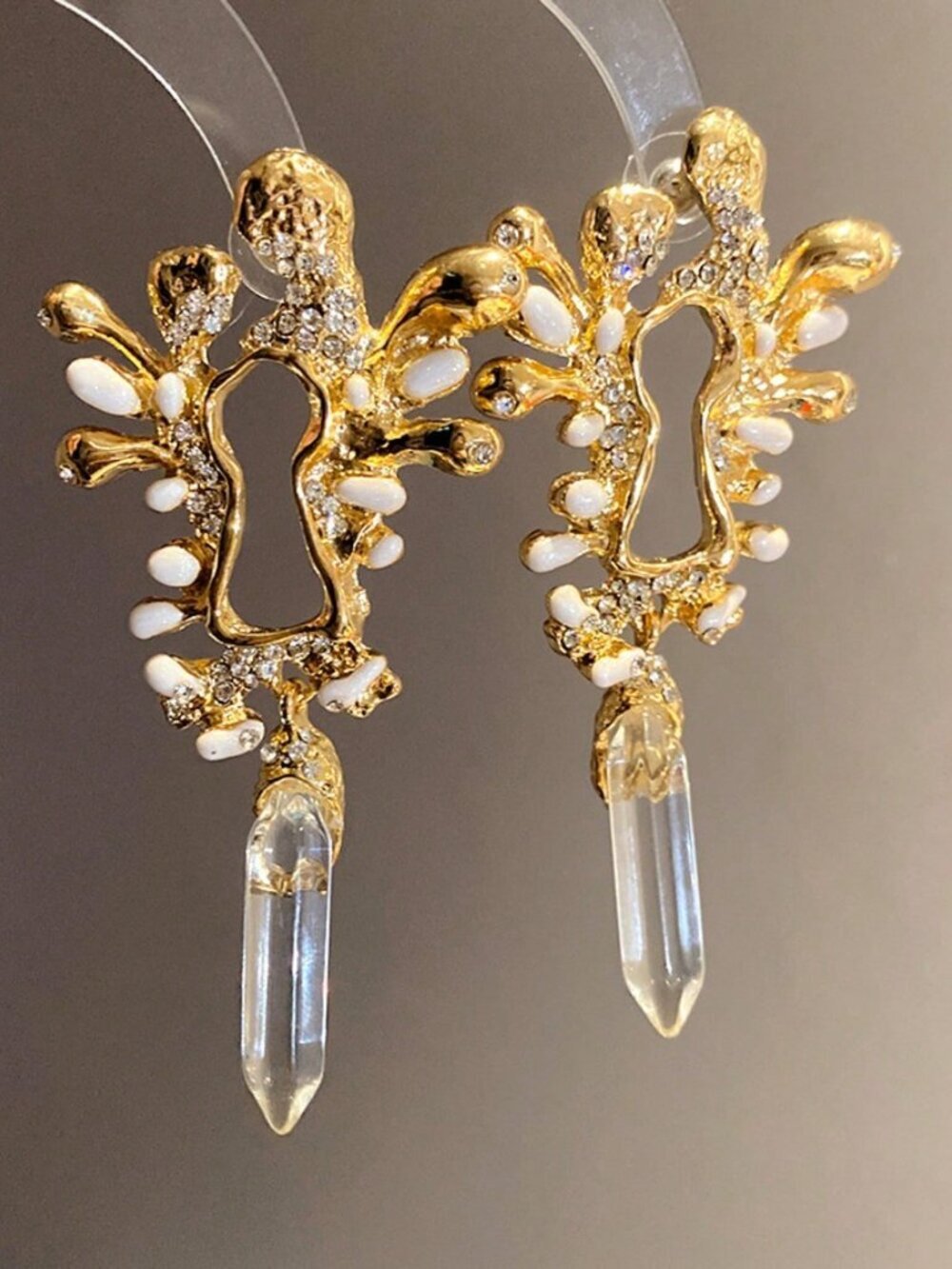 Gold Boho Women's Asymmetrical Key-Shaped Crystal Resin Long Stud Earrings